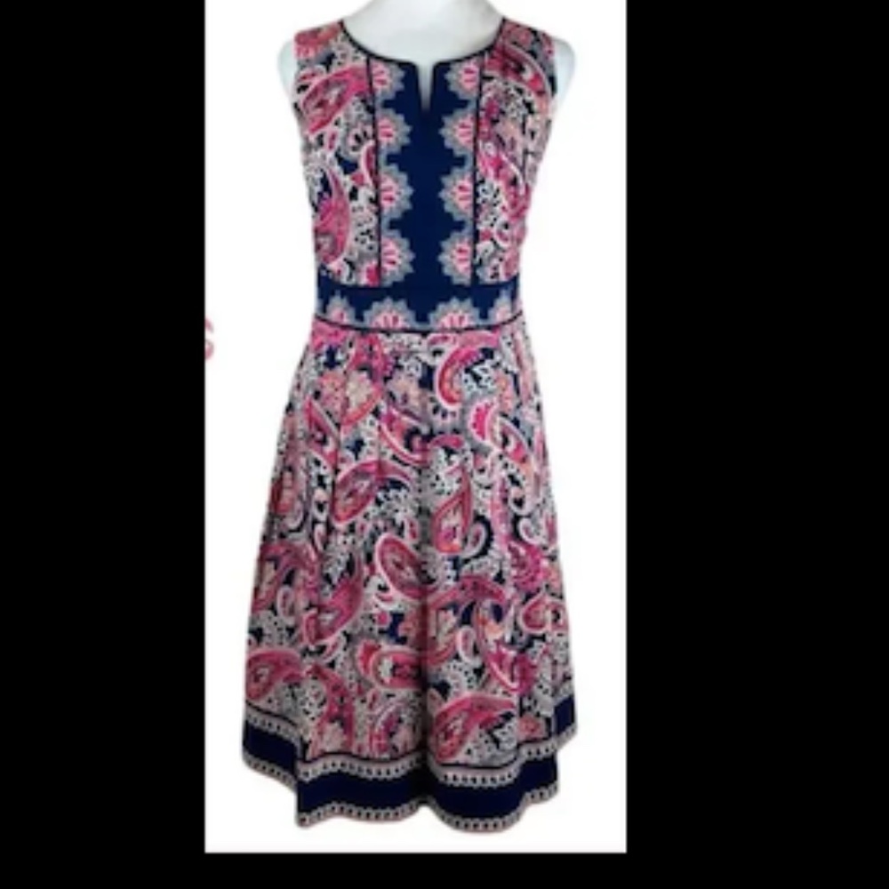 Talbots Pink  Blue White Paisley 100% Cotton Pleated Cottagecore Midi Dress New